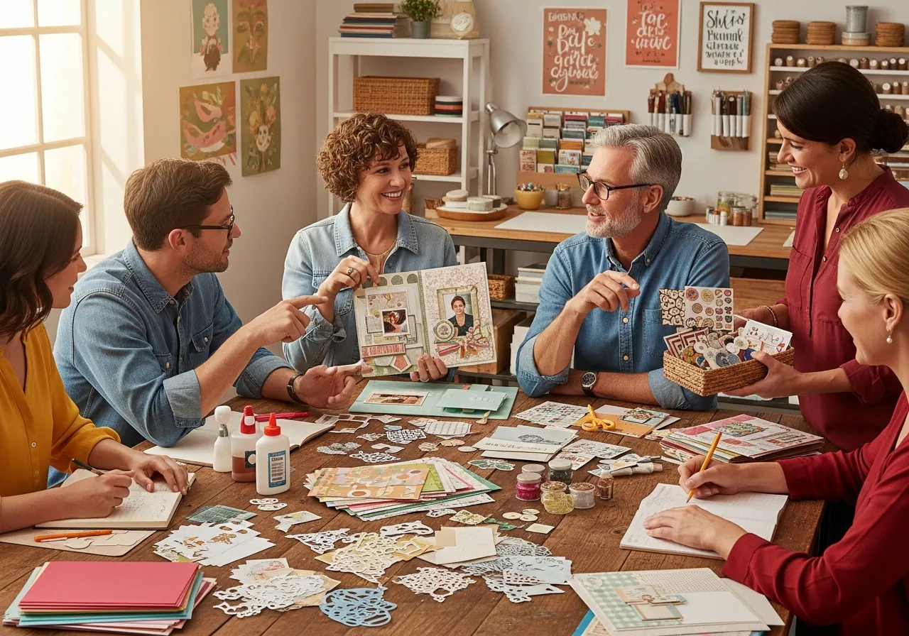 Group of people sharing scrapbooking ideas and creative inspiration