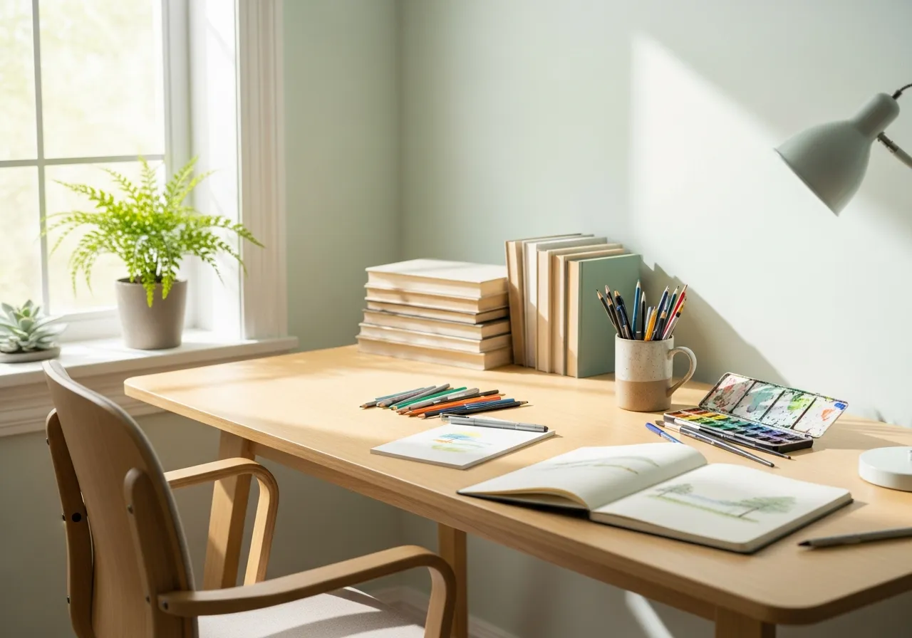 Calming creative workspace with natural light and organized supplies